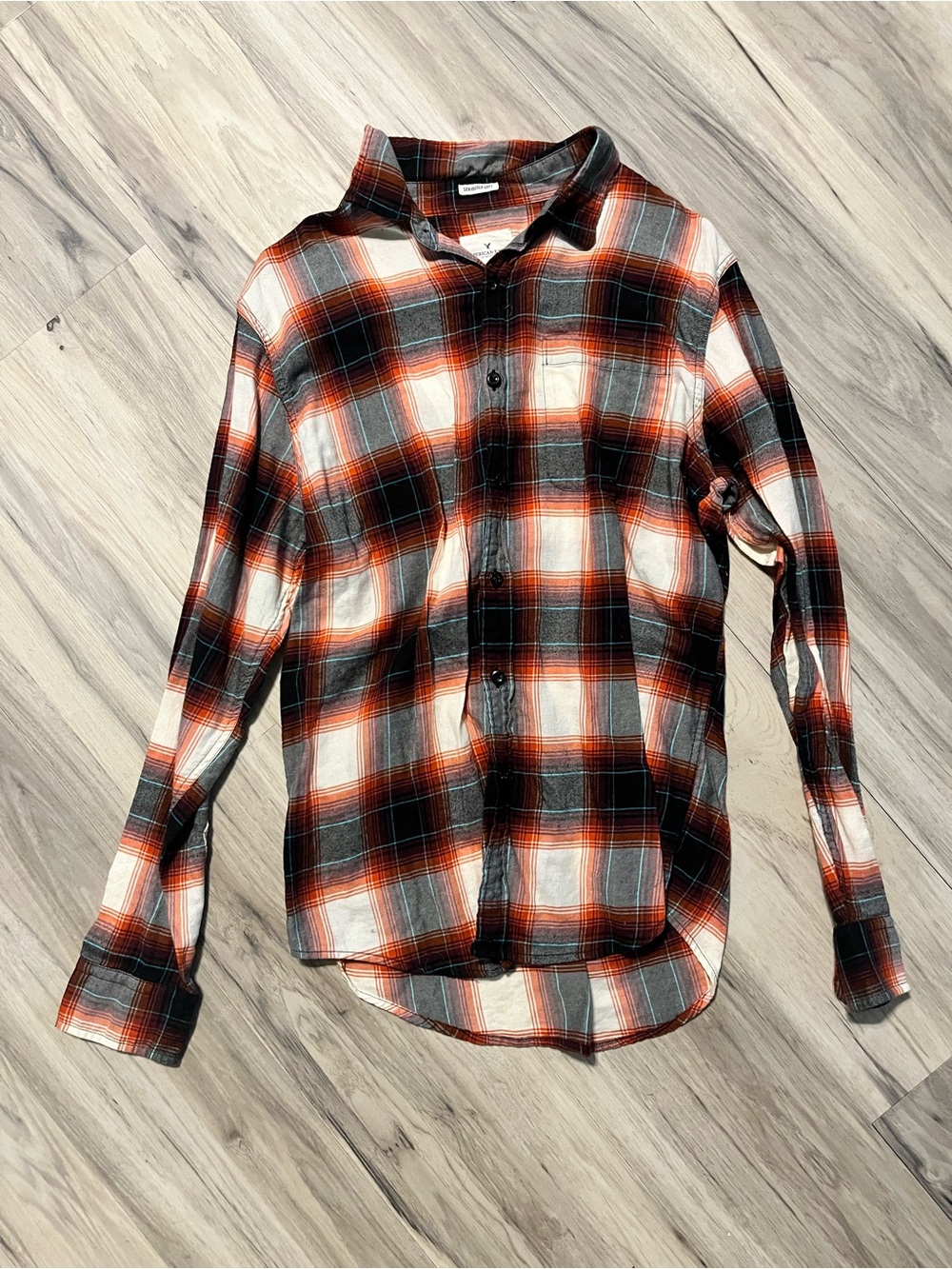 American Eagle Seriously Soft Plaid Button-Up Shirt in White, Black & Orange